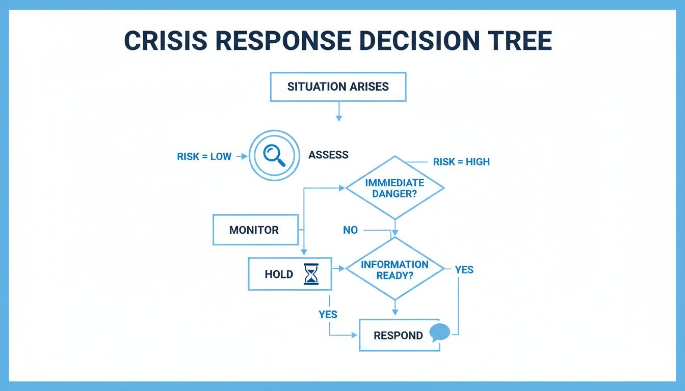 Crisis response decision tree flowchart with steps for assessment, monitoring, holding, and responding to situations.