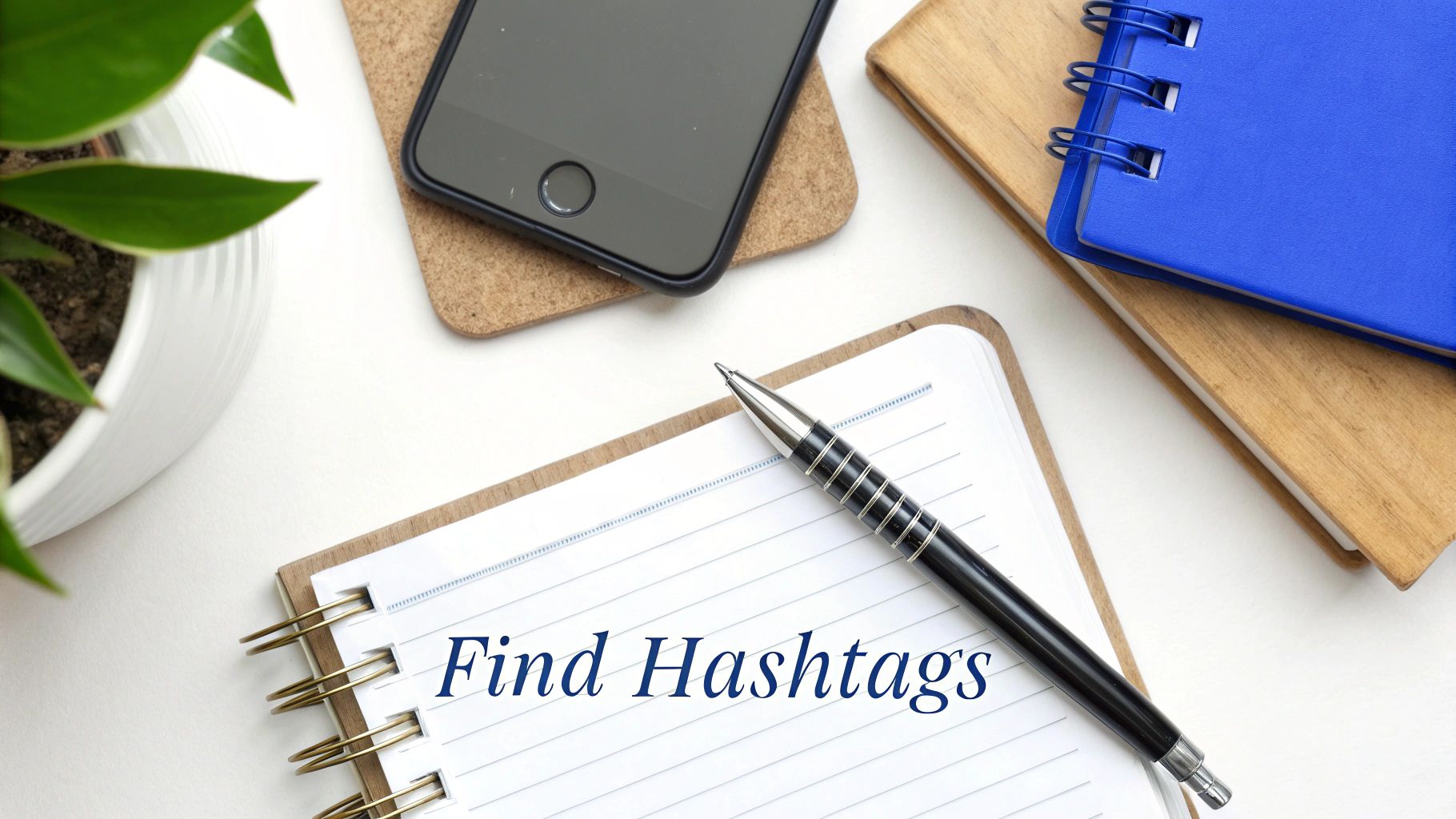 A flat lay of a white desk with a notepad, pen, smartphone, and a green plant. The notepad has 'Find Hashtags' written on it.