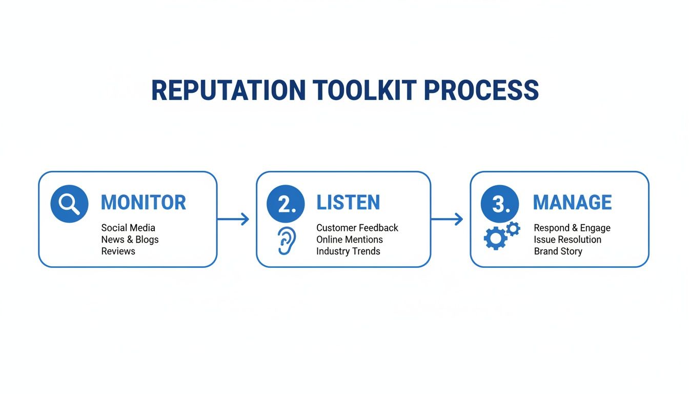 Flowchart illustrating the Reputation Toolkit Process: monitor, listen, and manage stages with key actions.