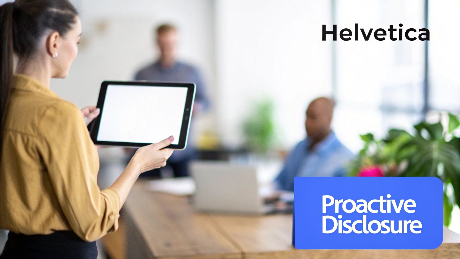 A woman holds a tablet with a blank screen in an office, text overlay 'Helvetica' and 'Proactive Disclosure'.
