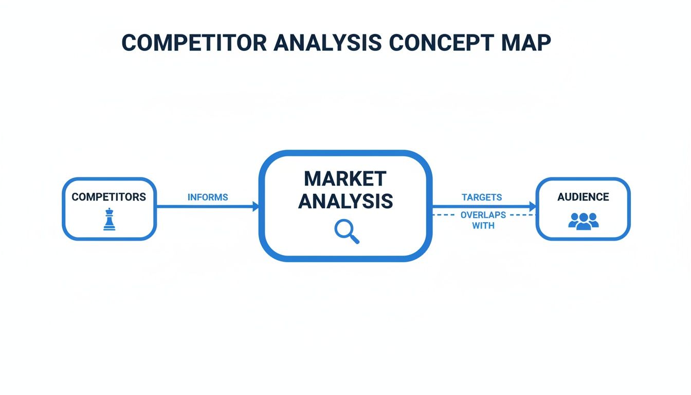 A concept map illustrating how competitor analysis informs market analysis, which targets and overlaps with the audience.