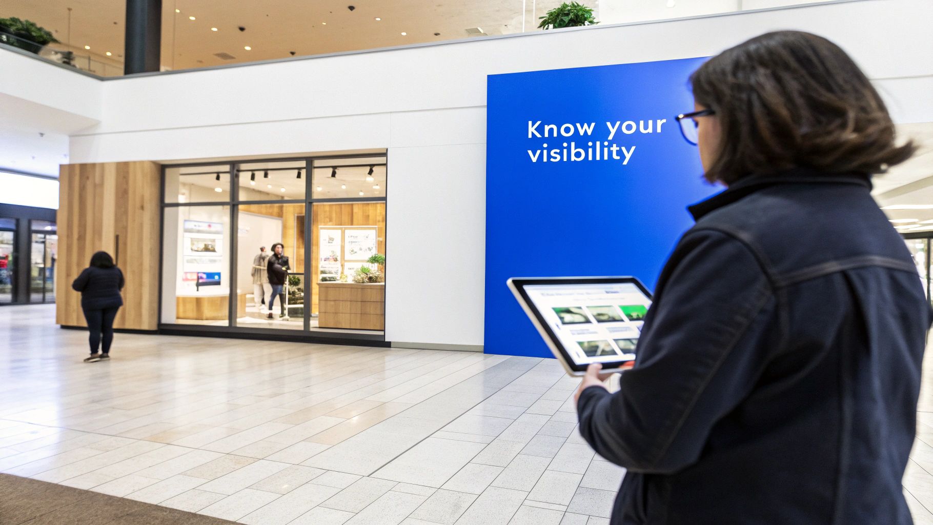 A person holds a tablet with data in a mall, facing a blue wall advertising 'Know your visibility'.
