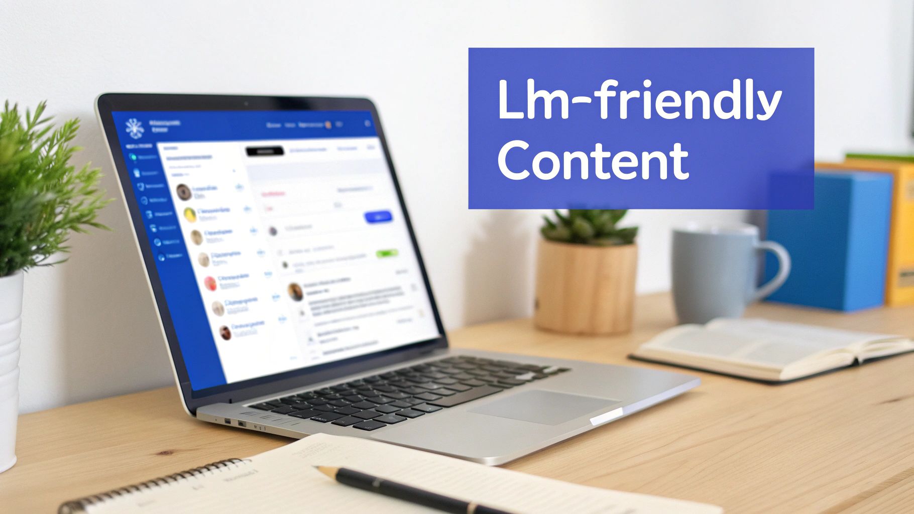Laptop on a wooden desk displaying a collaboration app, with a blue text banner 'Lm-friendly Content'.