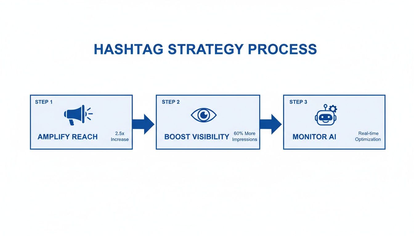 A three-step process diagram illustrating a hashtag strategy to amplify reach, boost visibility, and monitor AI.