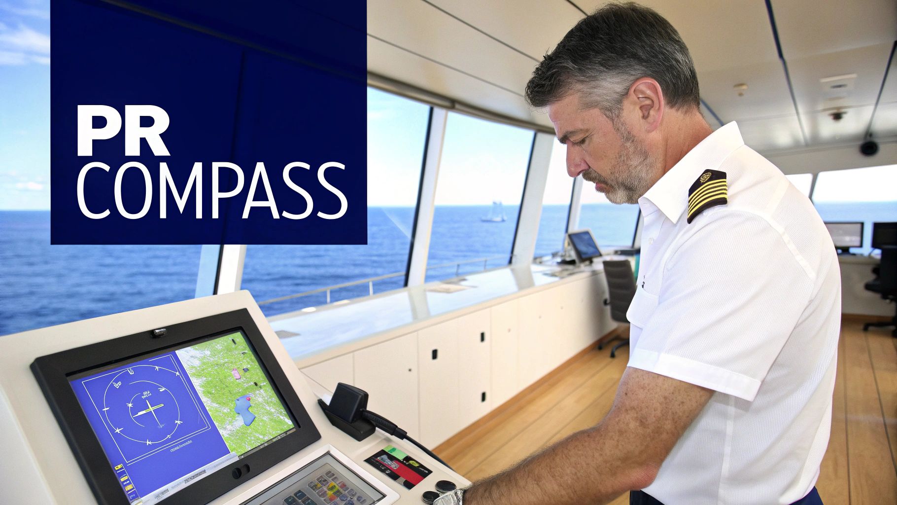 Ship captain in uniform on a bridge, operating navigation console with ocean view and a distant sailboat.