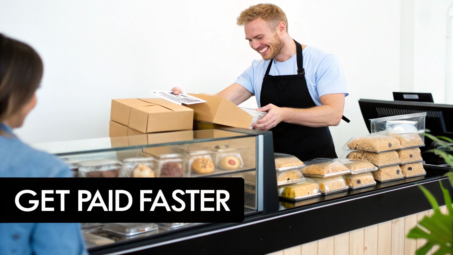 A close-up shot of a small business owner using a credit card reader for a customer payment, symbolizing fast cash inflow.
