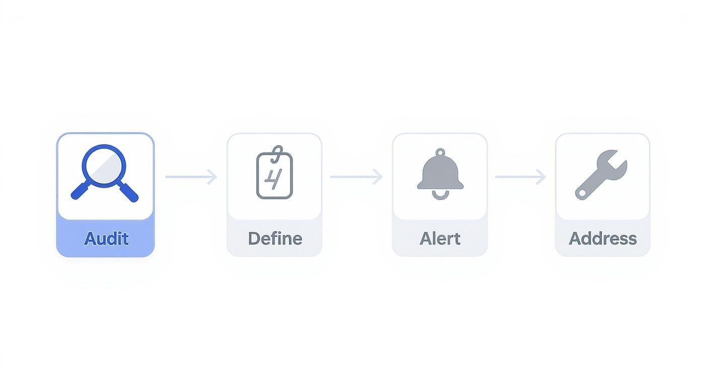 A four-step process flow diagram with icons and labels: Audit, Define, Alert, and Address.