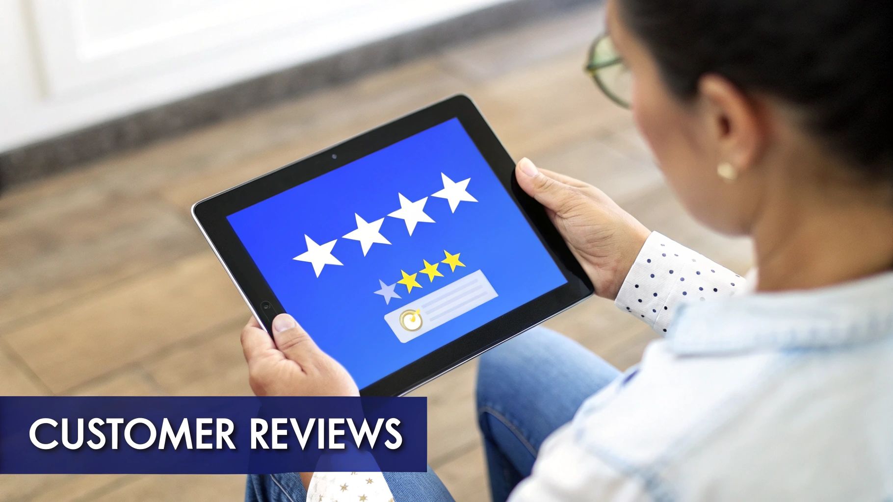 A person holds a tablet displaying a customer review interface with five white stars and three yellow stars.