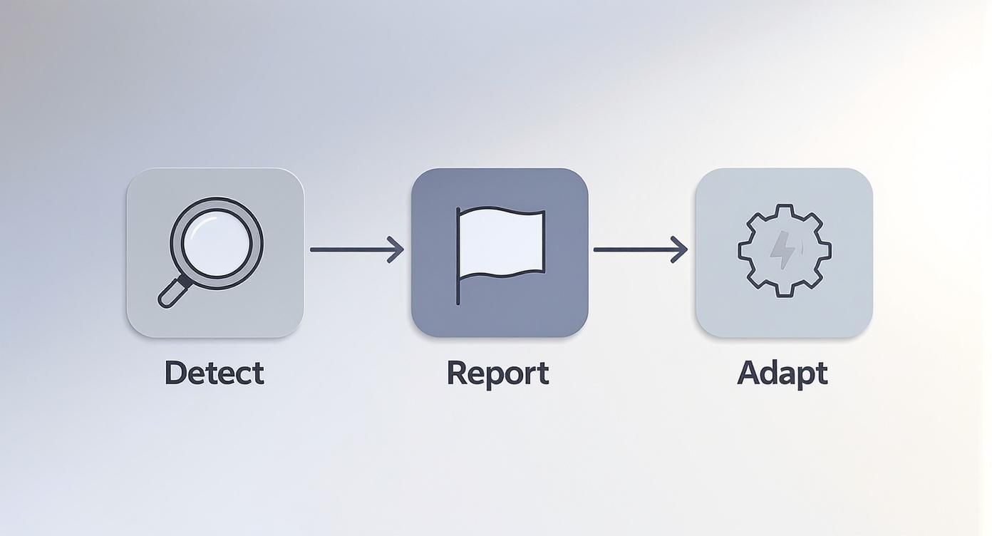 A workflow diagram illustrating a three-step process: Detect, Report, and Adapt, with icons.
