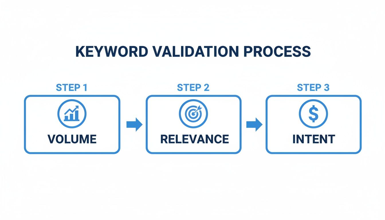 Flowchart illustrating the keyword validation process with steps for volume, relevance, and intent.