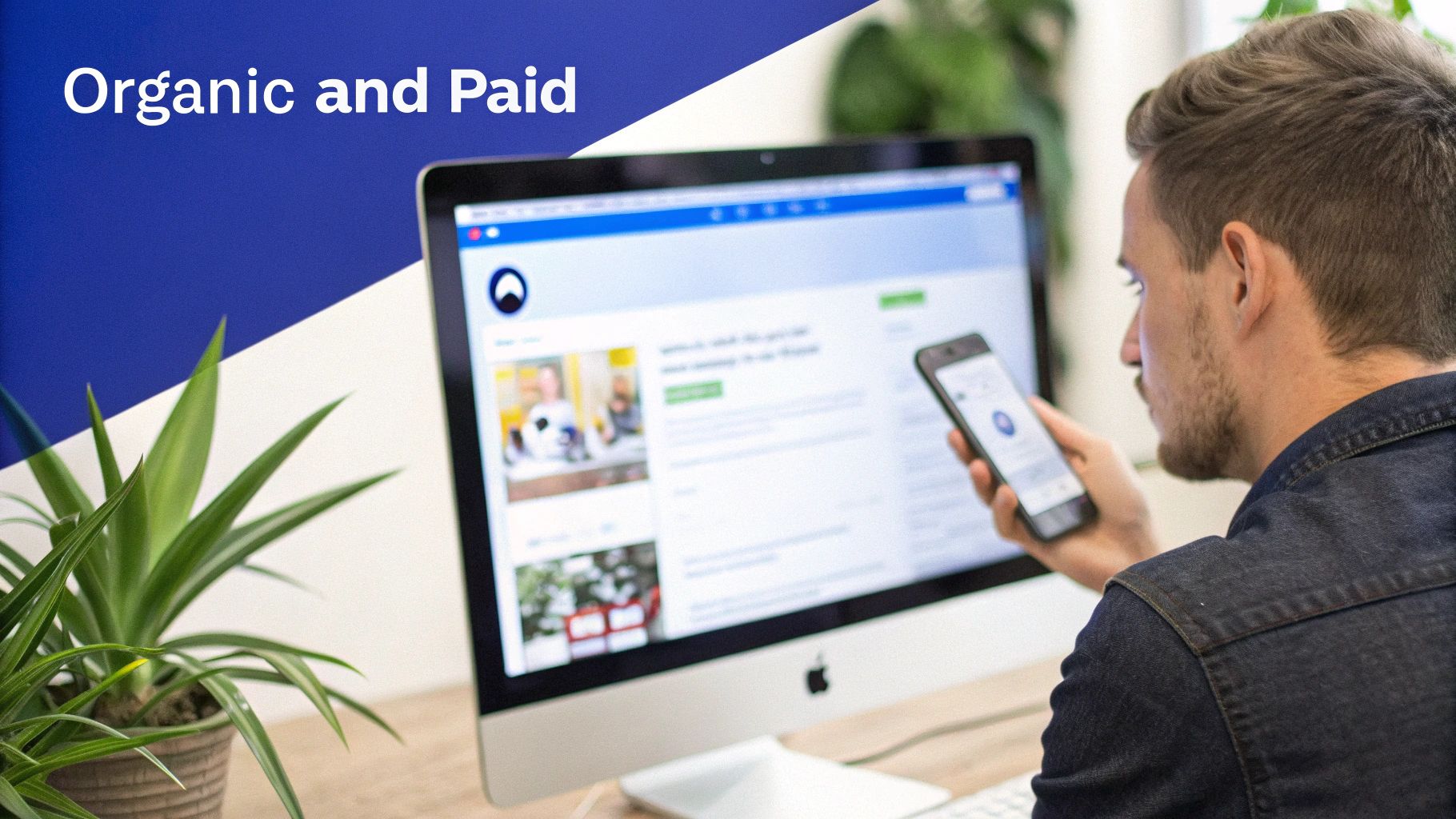 A man reviews content on a computer screen and smartphone, displaying organic and paid social media strategies.