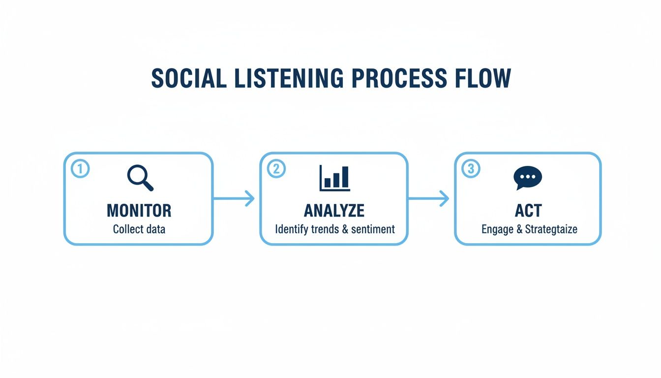 A three-step social listening process flow chart showing monitor, analyze, and act.