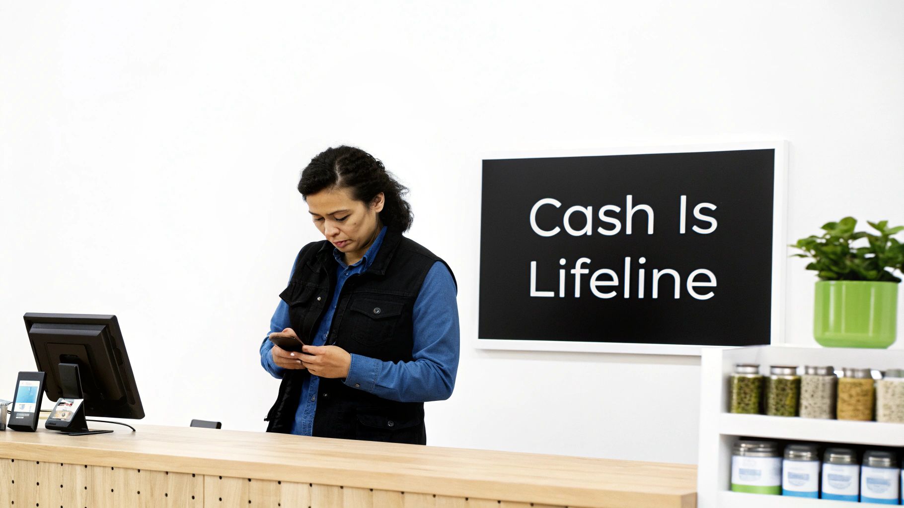A small business owner reviewing financial documents on a laptop, illustrating the importance of cash flow management.