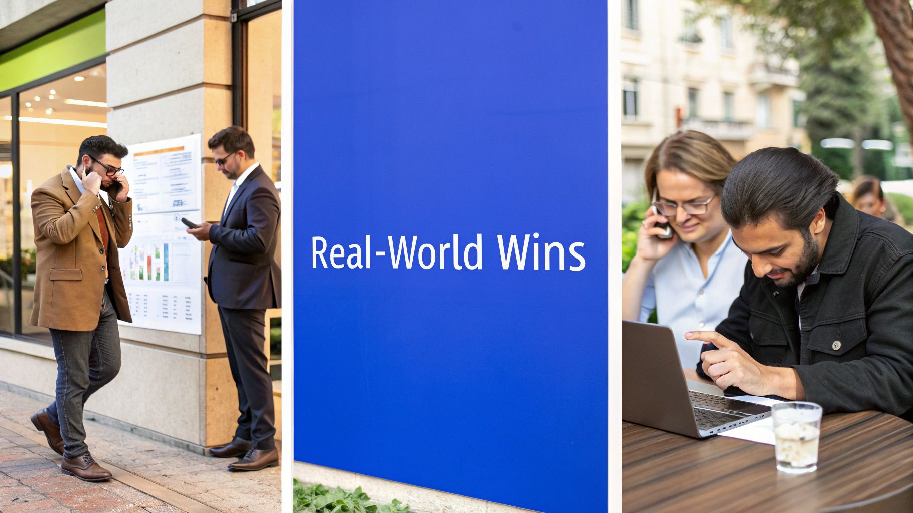 Business professionals collaborating and making calls, alongside a 'Real-World Wins' blue banner.