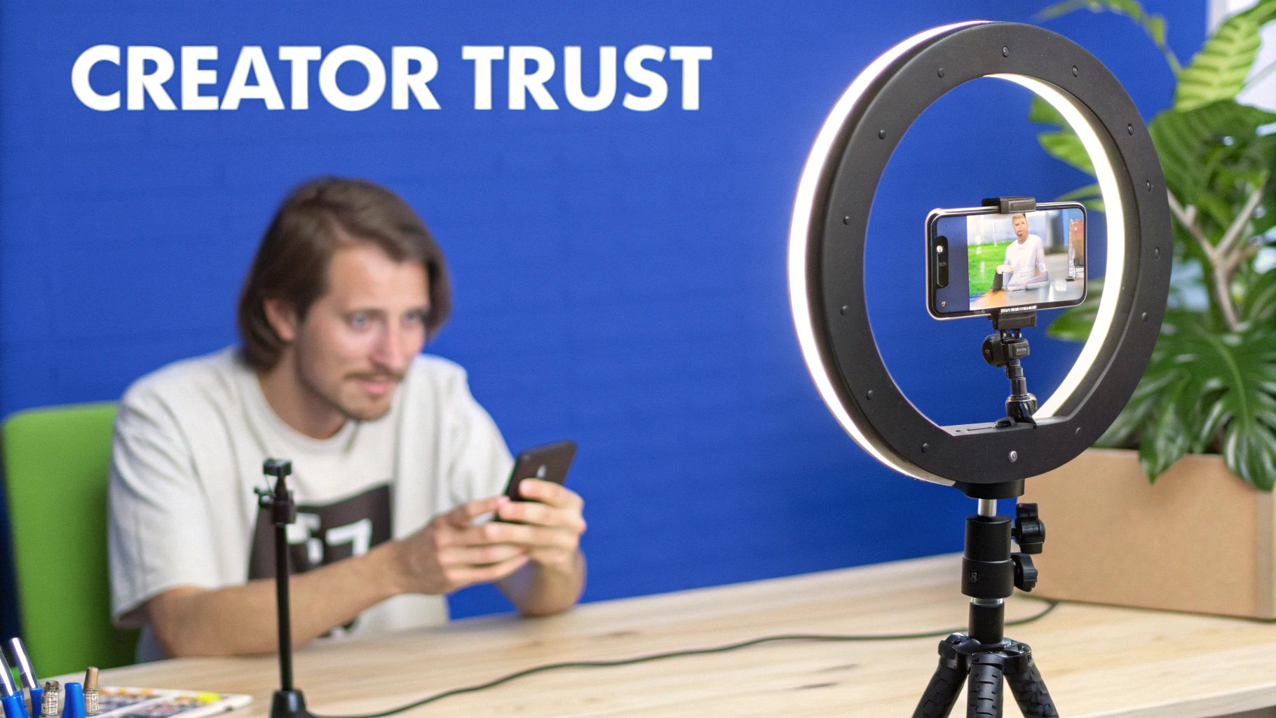 A man looks at his phone while a ring light with a smartphone records content, with 'CREATOR TRUST' on the blue wall.