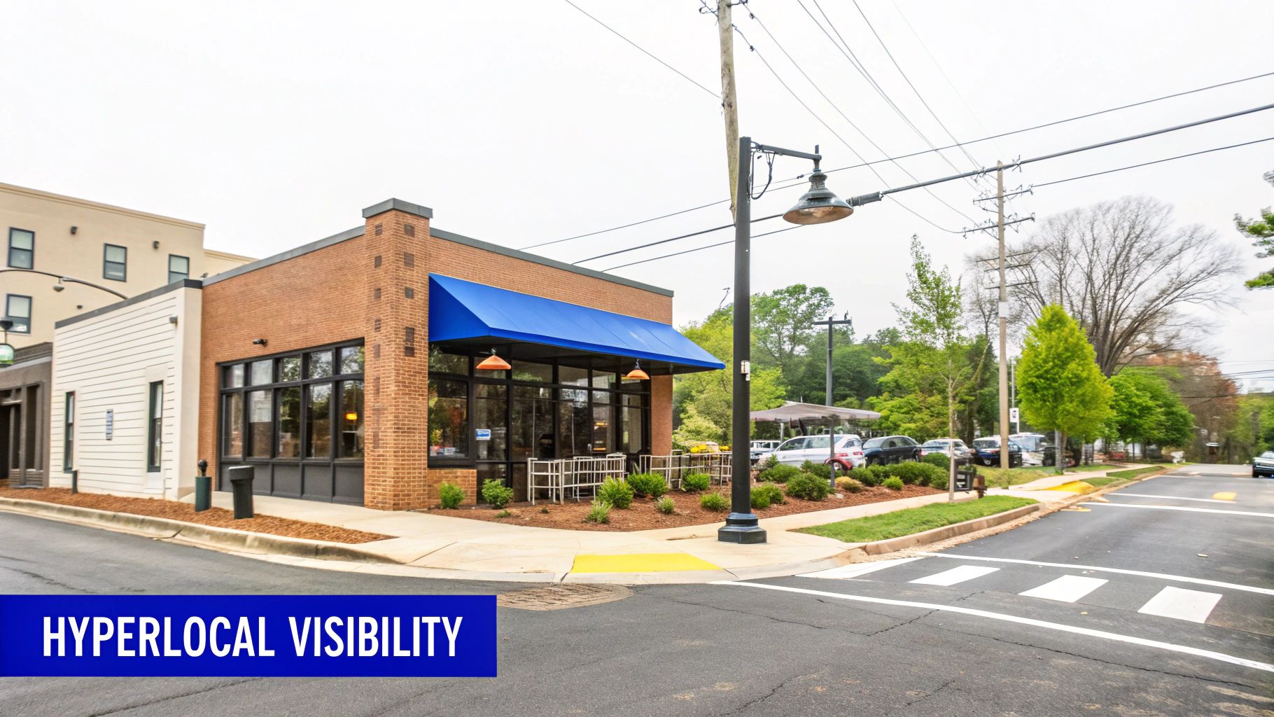 A brick building with a blue awning at a bustling street corner, featuring a crosswalk and nearby parked cars.