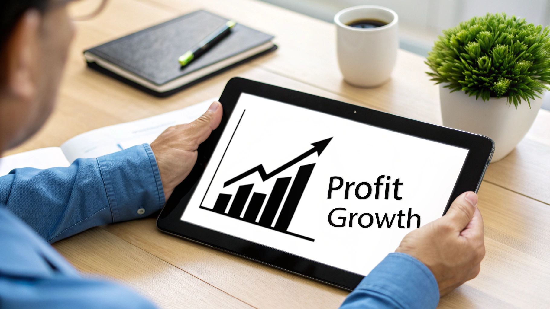 A person pointing at a financial chart on a tablet, surrounded by documents and a laptop, in a business setting.