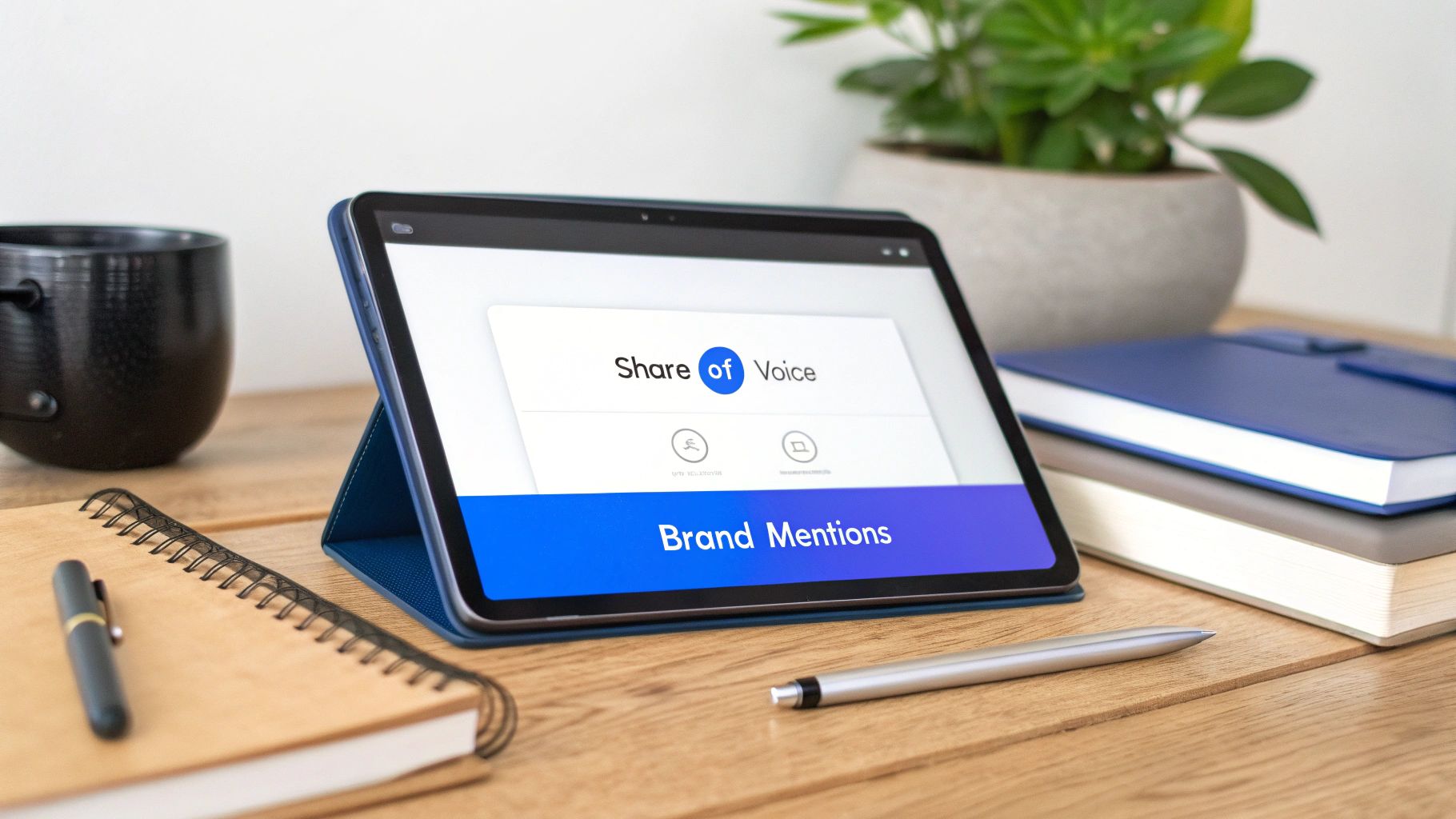 A tablet on a wooden desk displays 'Share of Voice' and 'Brand Mentions' software, with office supplies.