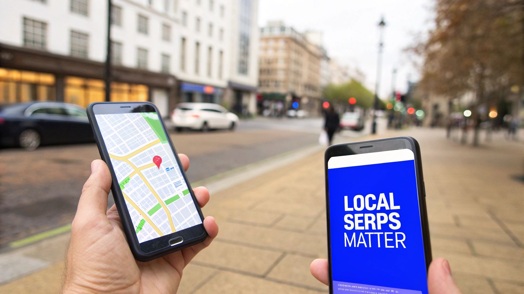Two hands hold smartphones on a city street, one displaying a map and the other "LOCAL SERPS MATTER".