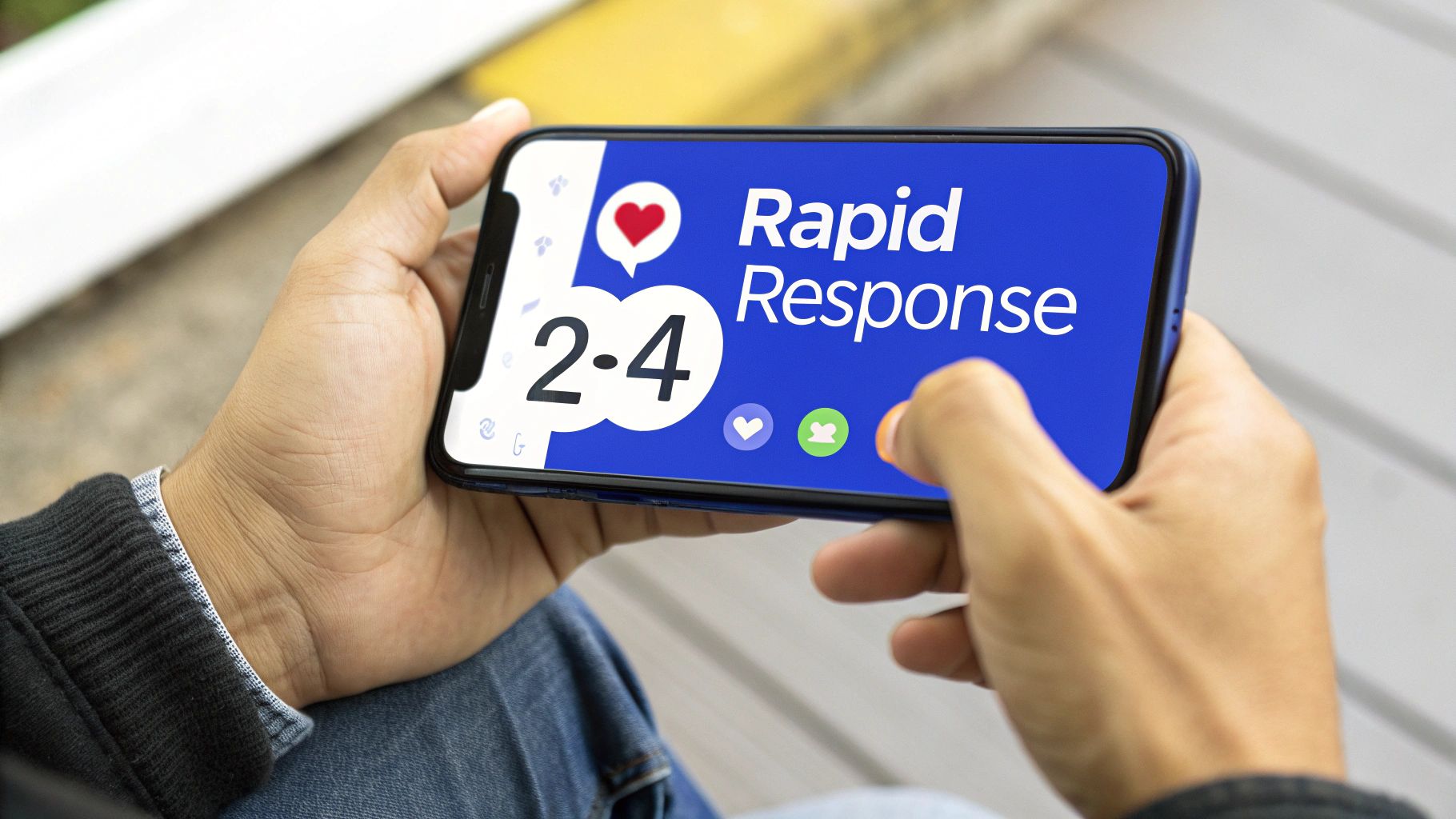A person holds a smartphone horizontally, displaying a blue screen with 'Rapid Response' text and a timer showing '2-4'.