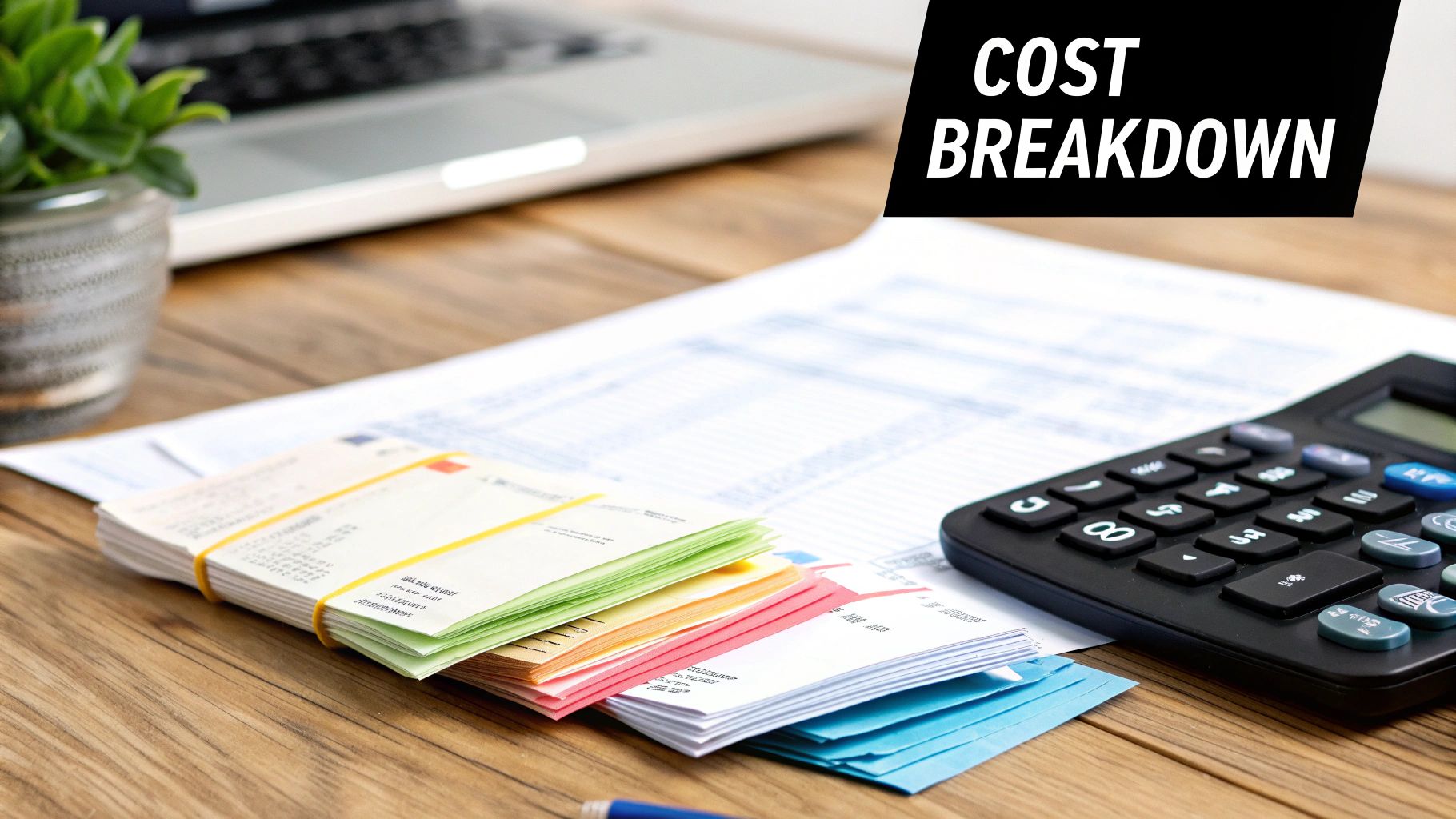 A person at a desk with a calculator and documents, meticulously planning business expenses and costs.