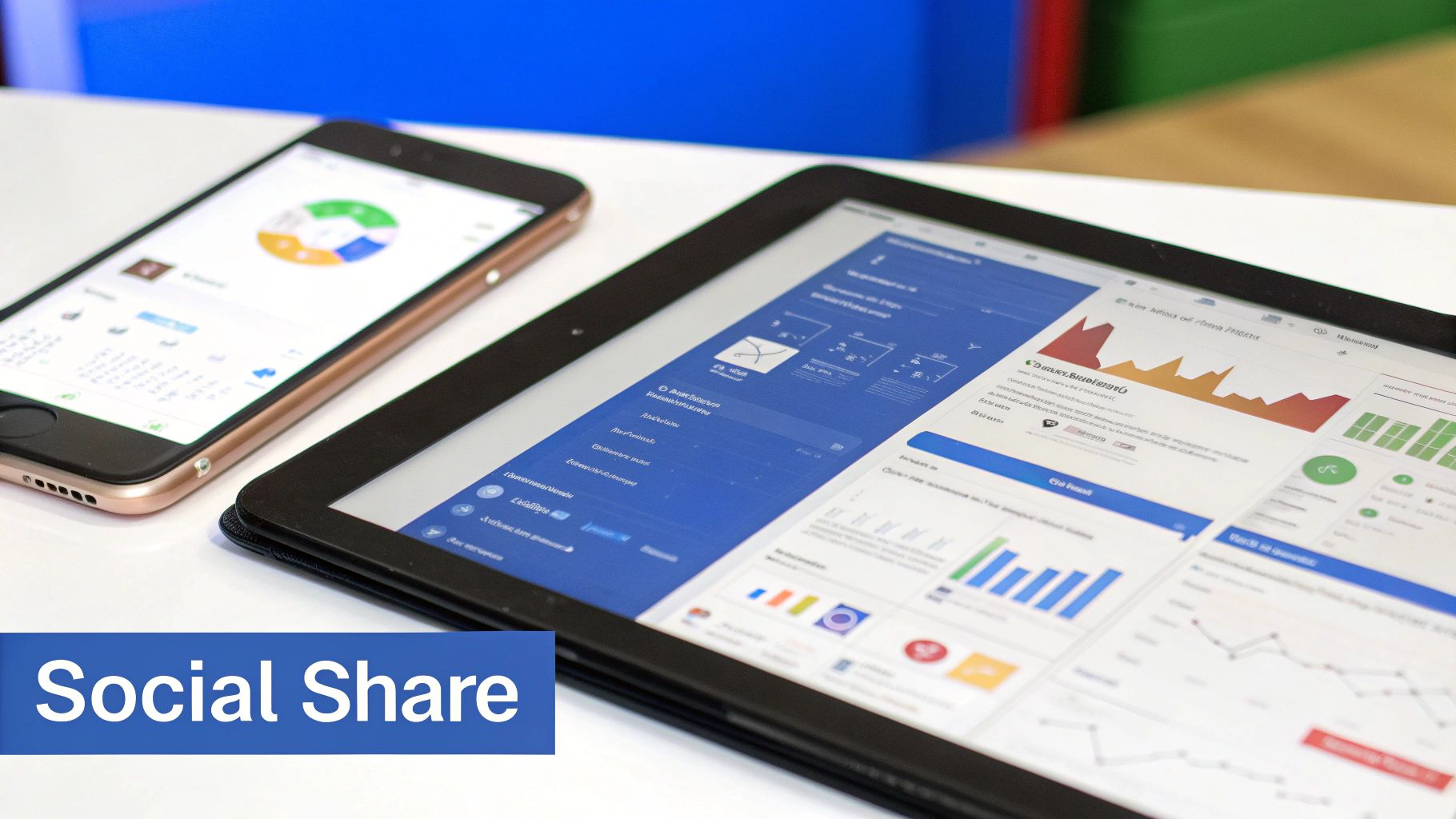 A smartphone and a tablet displaying business analytics dashboards with charts and graphs on a table.