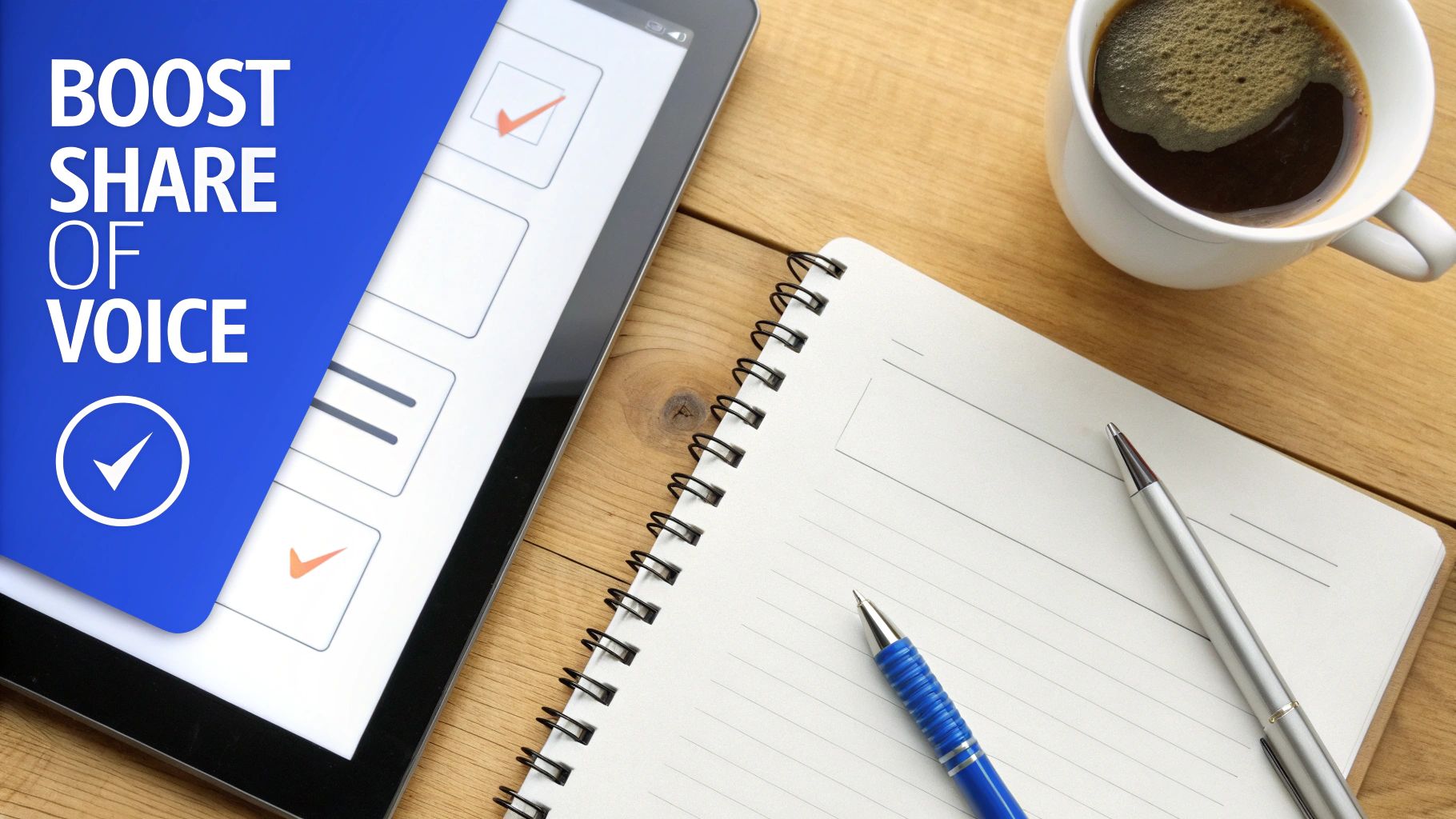 Tablet with 'Boost Share of Voice' text, a checklist, notebook, pens, and coffee on a wooden desk.