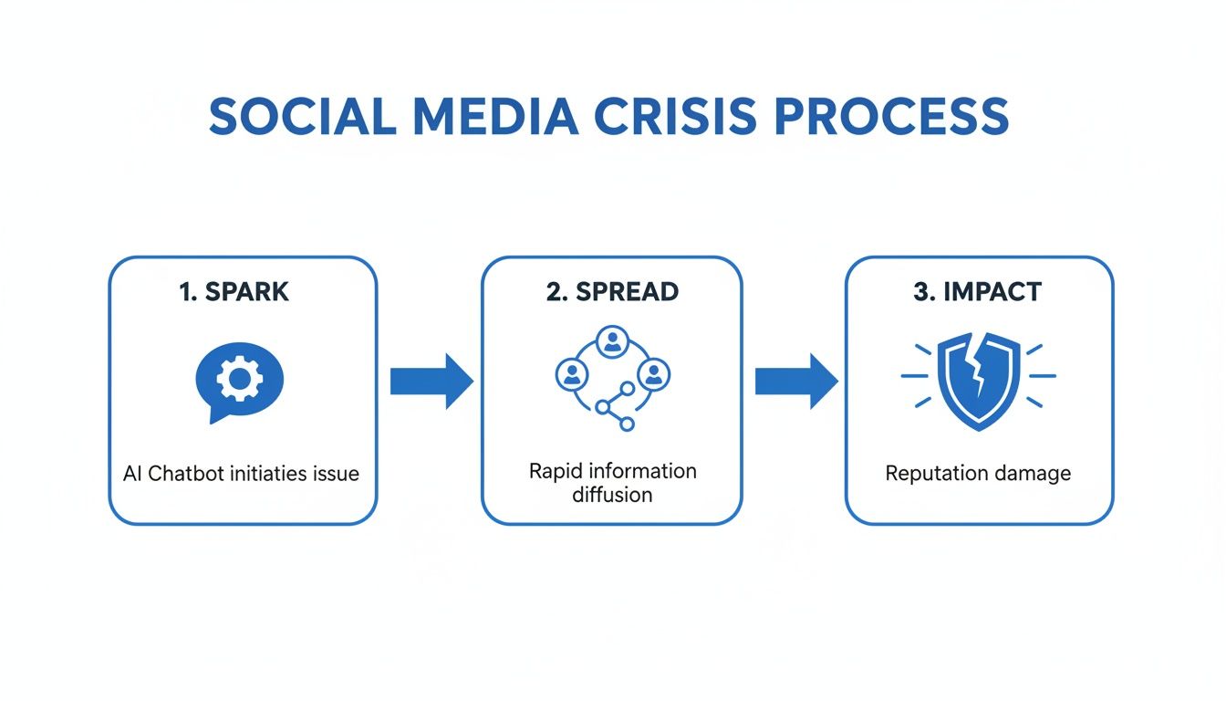 Diagram illustrating the social media crisis process: spark by AI chatbot, rapid spread, and reputation damage.