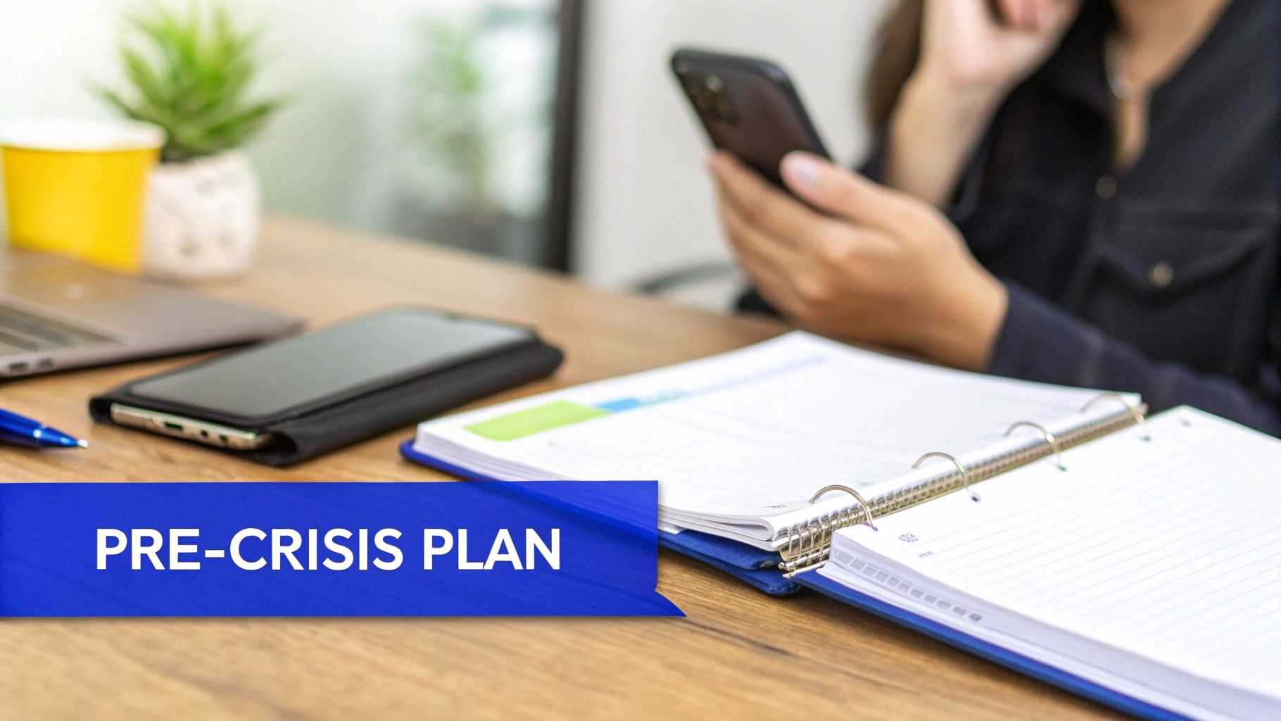 A person reviews a pre-crisis plan in a notebook while holding a smartphone at a desk.