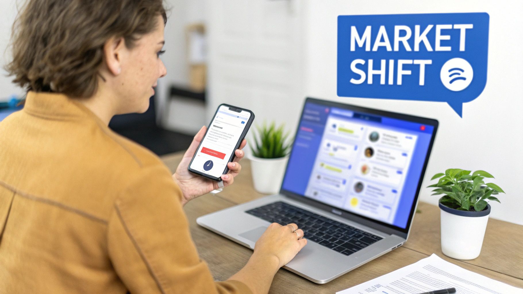 A person uses a laptop and smartphone for digital work, with a 'MARKET SHIFT' logo visible.