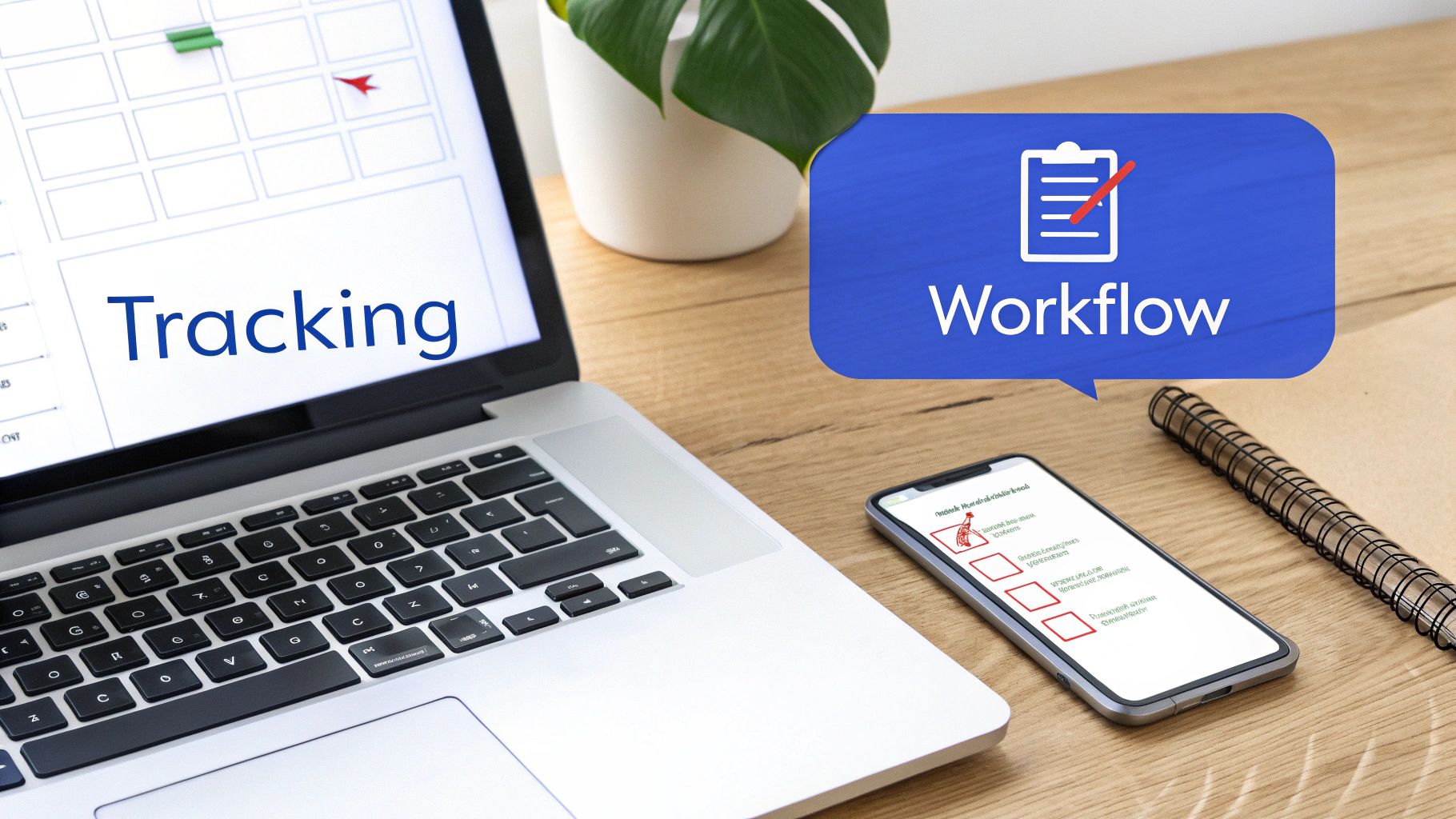 A laptop screen displays 'Tracking' with a grid, next to a smartphone showing a checklist for workflow management.