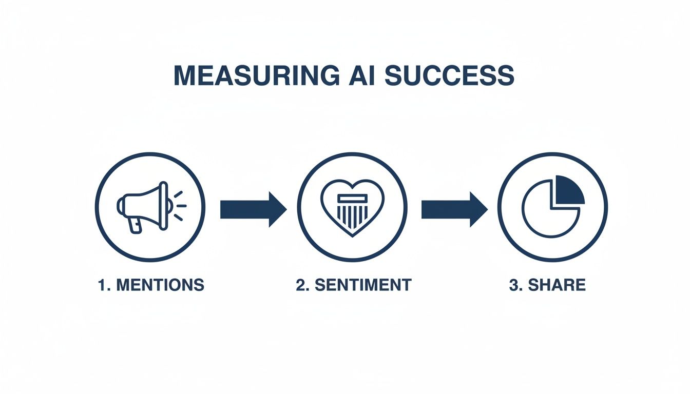A diagram illustrating three key steps for measuring AI success: Mentions, Sentiment, and Share.