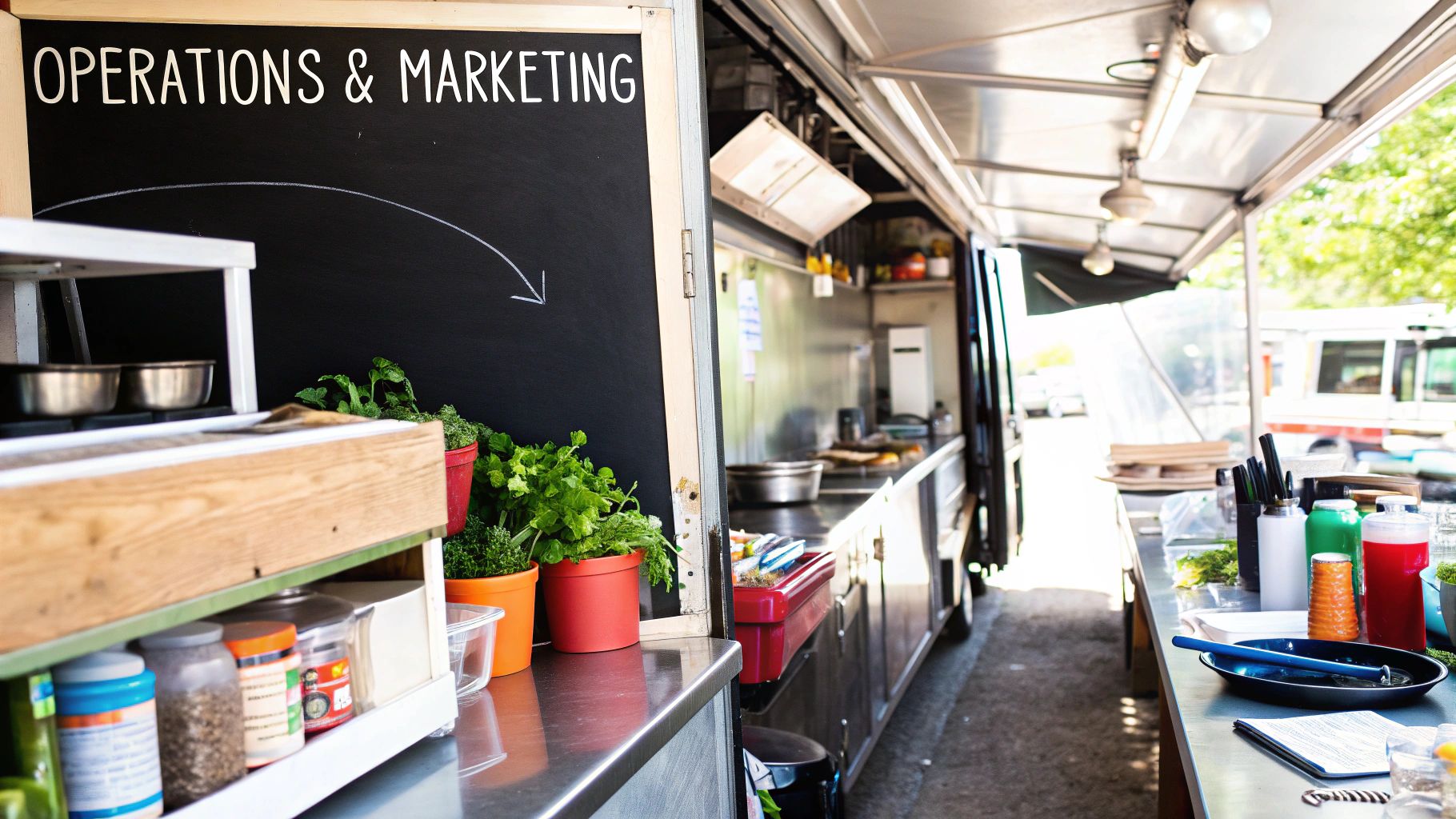 A person using a modern POS system inside a well-lit food truck, with food in the background.