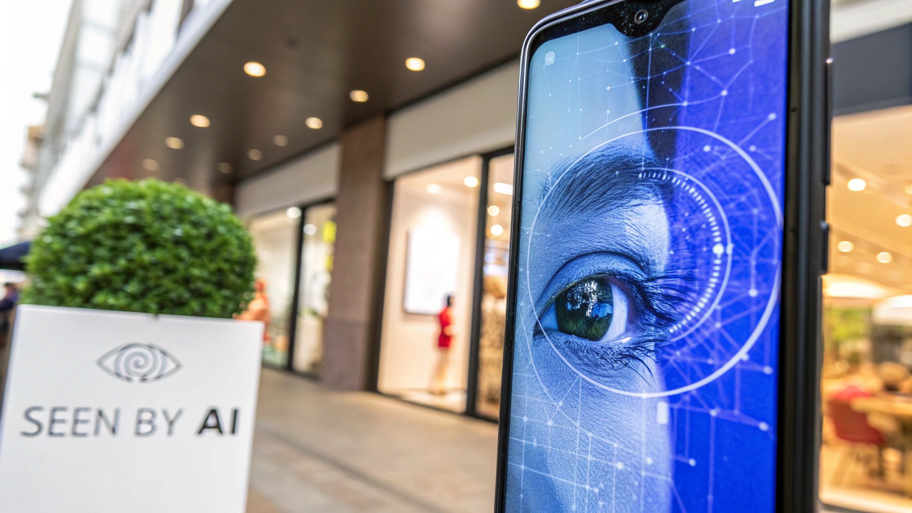 A smartphone displays a digital eye with network lines, alongside a 'SEEN BY AI' sign.