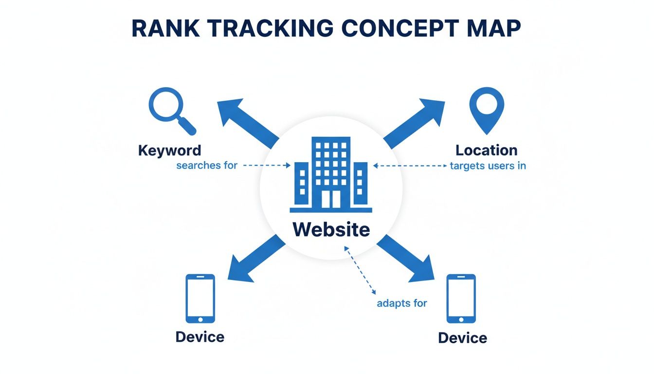A rank tracking concept map showing a website's relation to keywords, location, and devices.