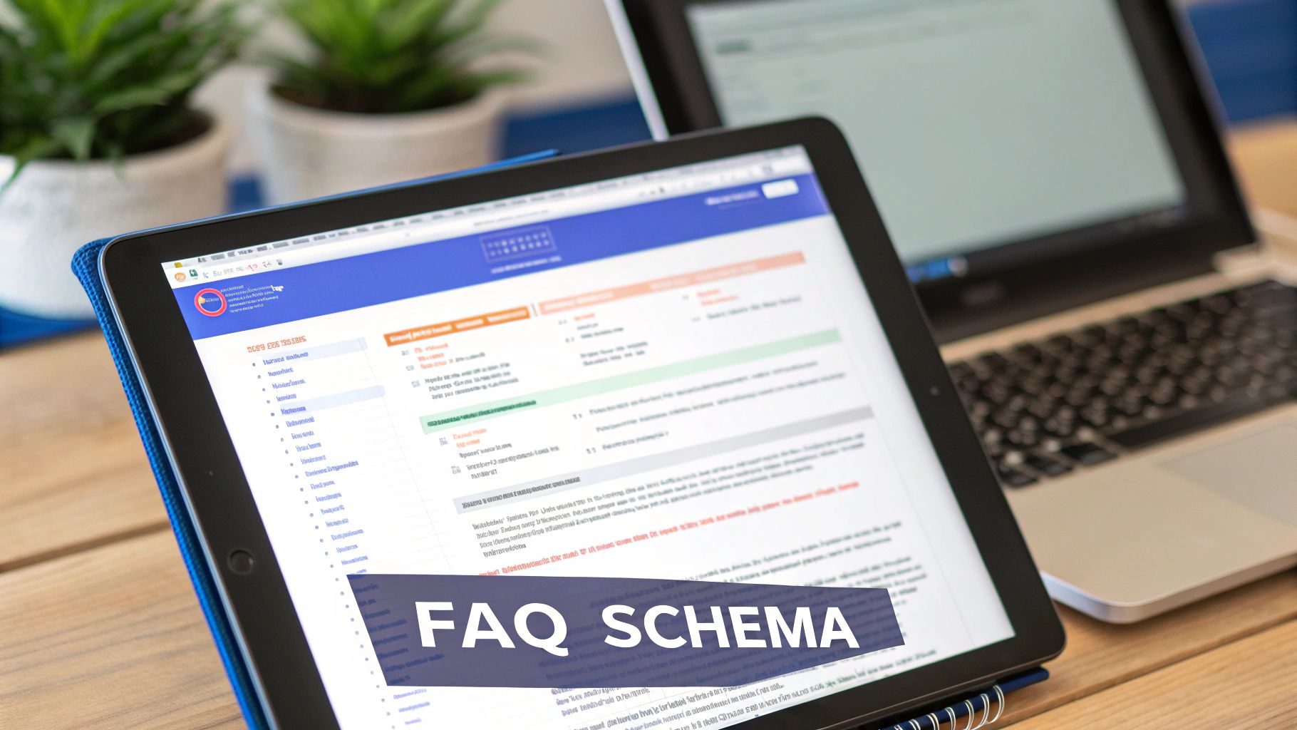 Tablet screen showing a webpage with detailed information about FAQ Schema on a wooden desk.