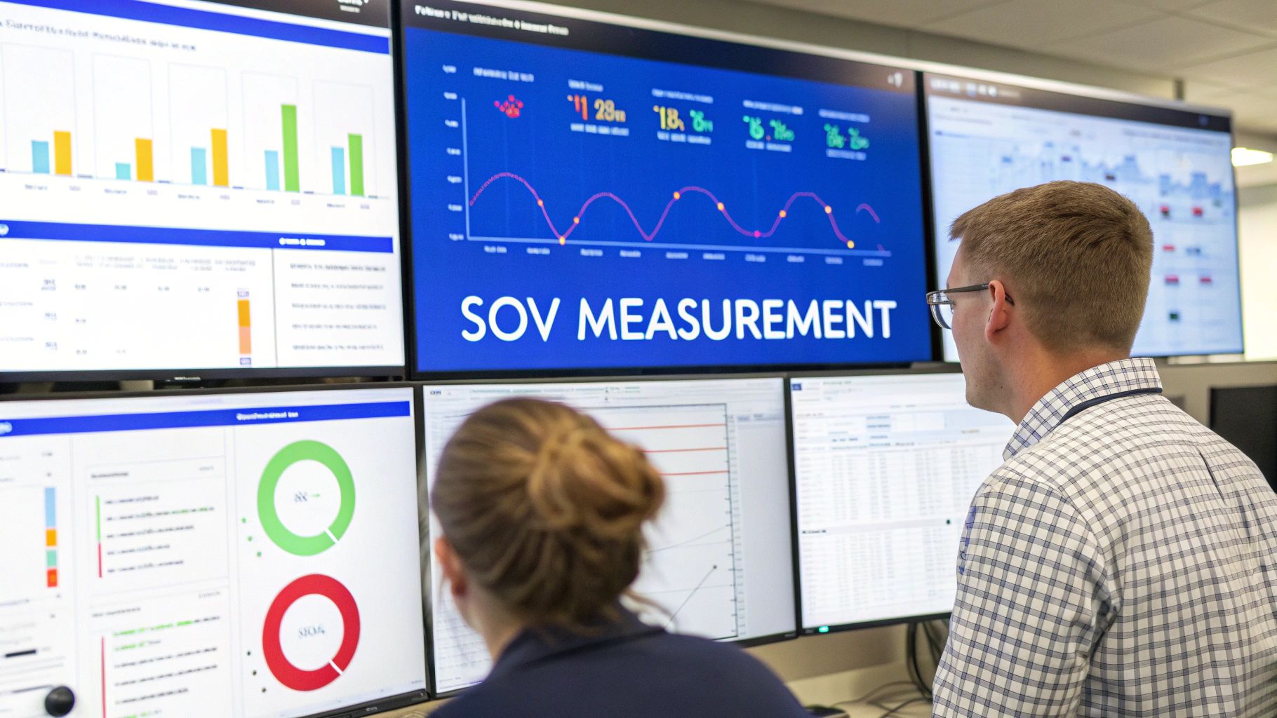 Two data analysts monitoring multiple large screens displaying charts and "SOV MEASUREMENT" in a control room.