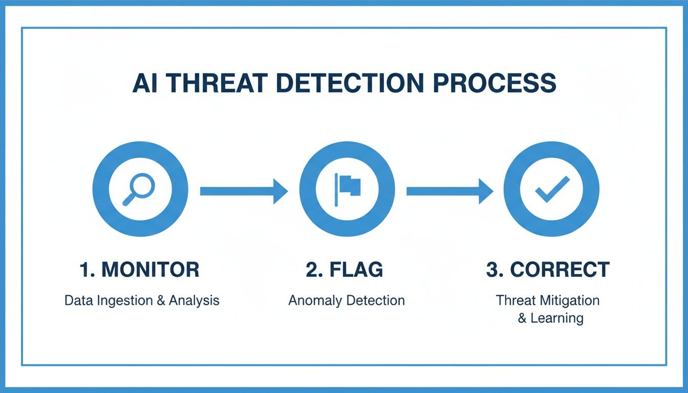 A flowchart depicting the AI Threat Detection Process with steps: Monitor, Flag, and Correct.