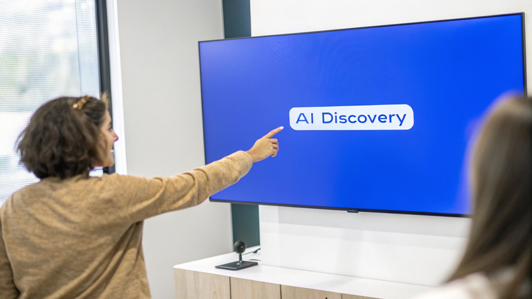 Person pointing at a large blue screen displaying 'AI Discovery' in an office setting.