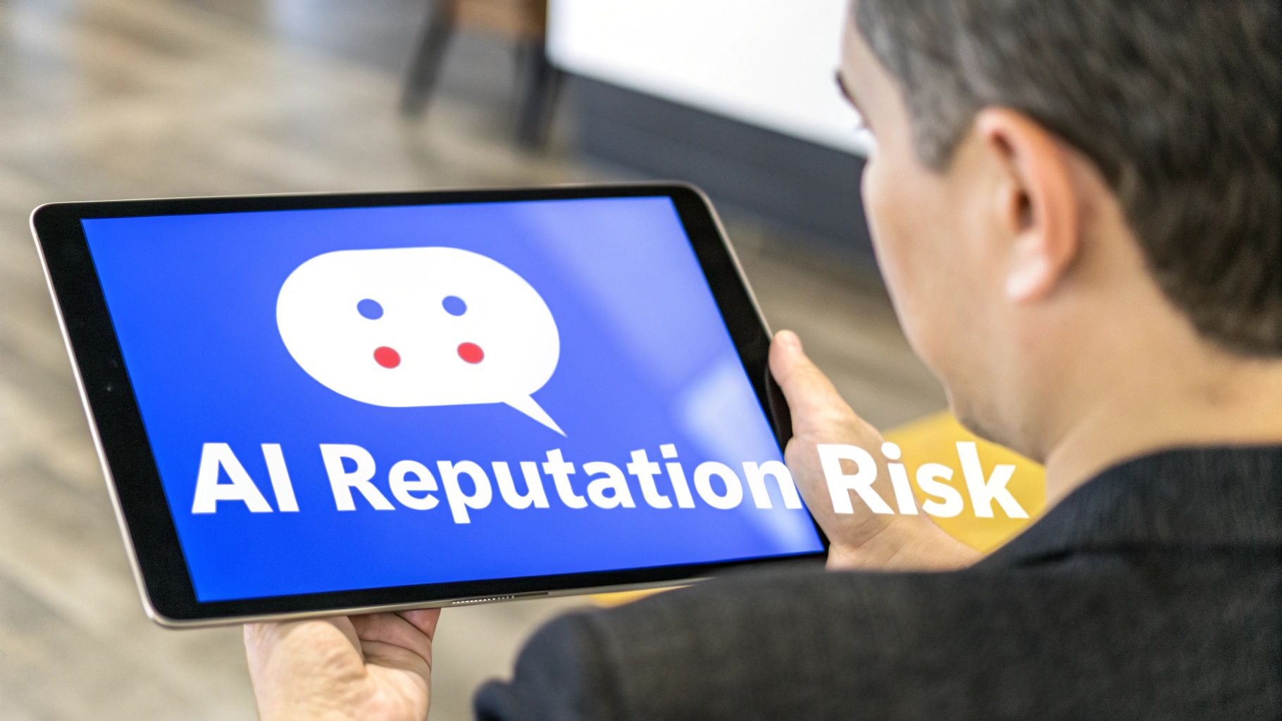 Person holding a tablet displaying 'AI Reputation Risk' text and a speech bubble with colored dots.