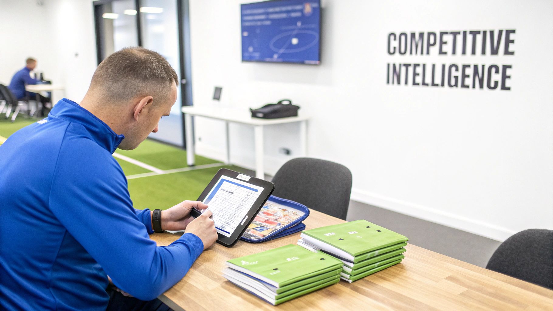 A man in a blue jacket uses a tablet, surrounded by sports intelligence materials and green notebooks.