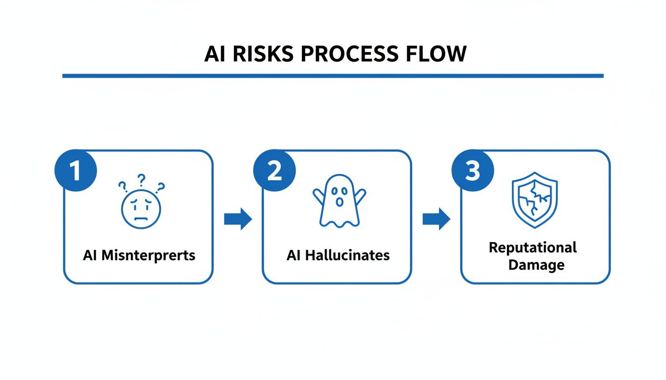 A diagram illustrating the AI risks process flow: AI misinterprets, then hallucinates, leading to reputational damage.