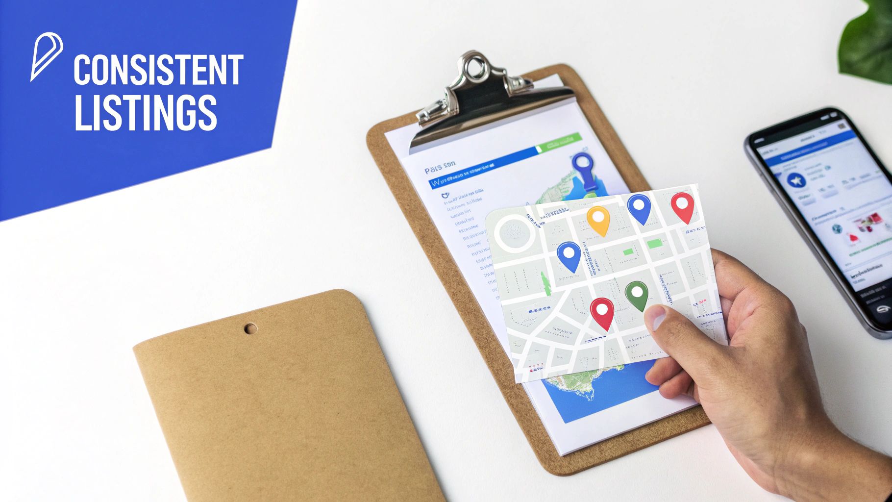 A hand holds a map card with pins, next to a clipboard, smartphone, and notepad, emphasizing consistent business listings.