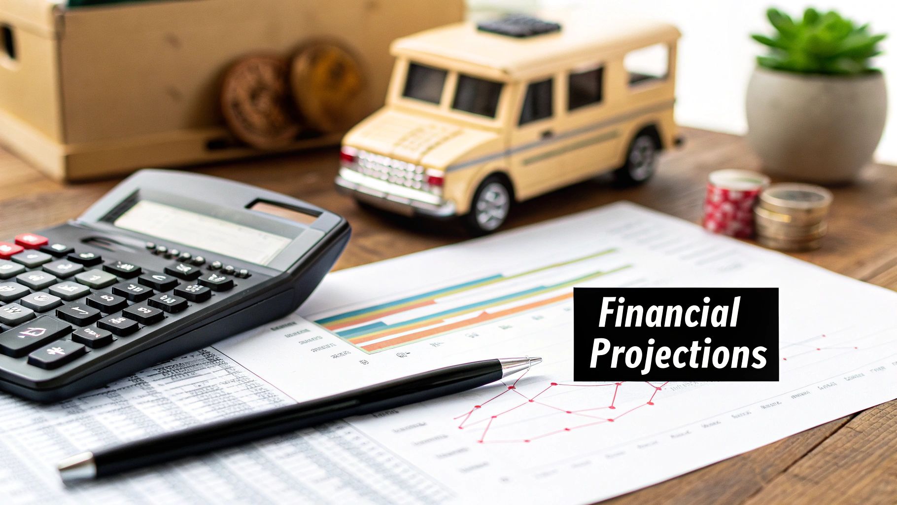 A person at a table working on financial documents with a calculator and laptop, representing business planning.