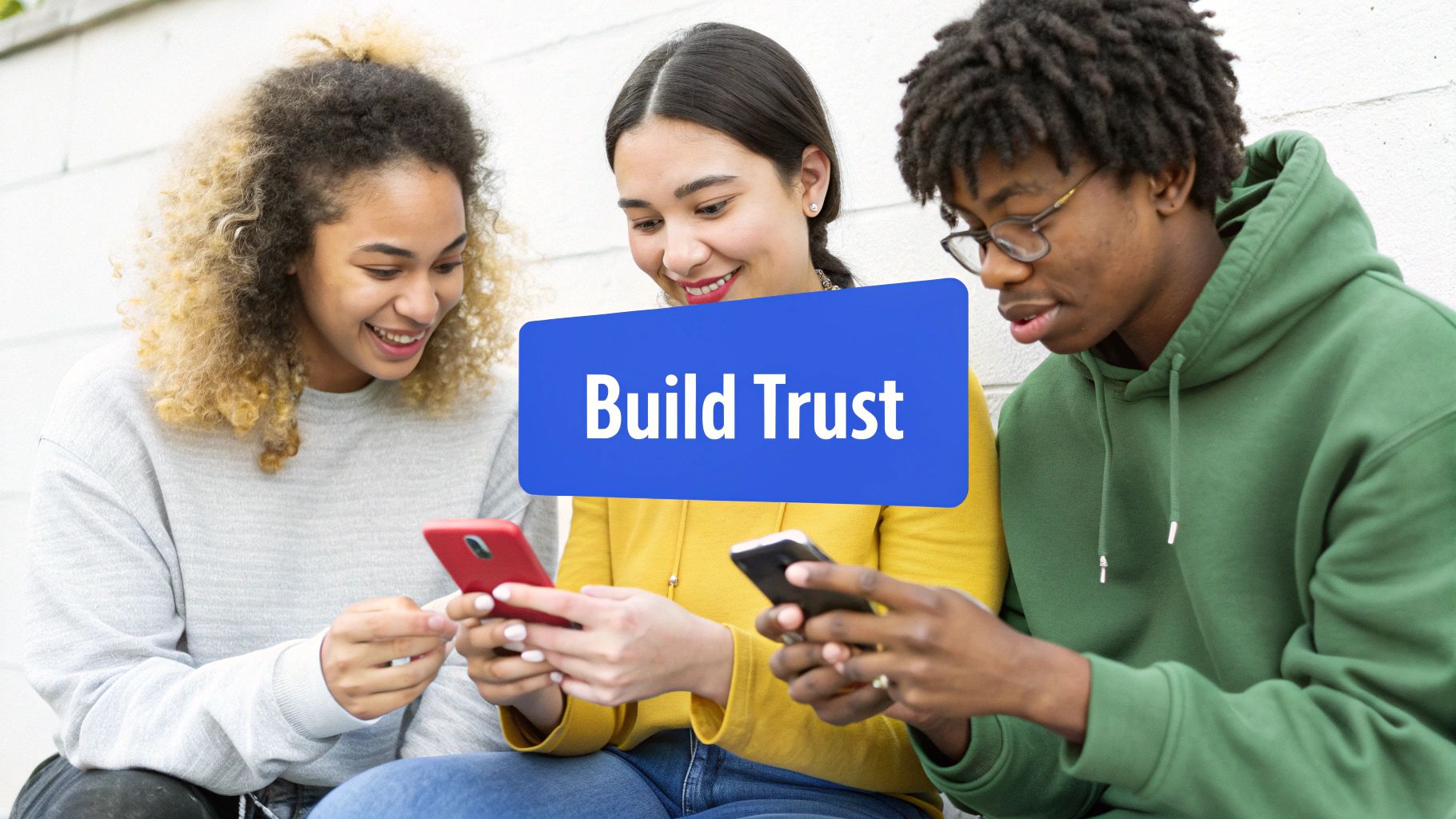 Smiling diverse young friends using smartphones, with 'Build Trust' text overlay.