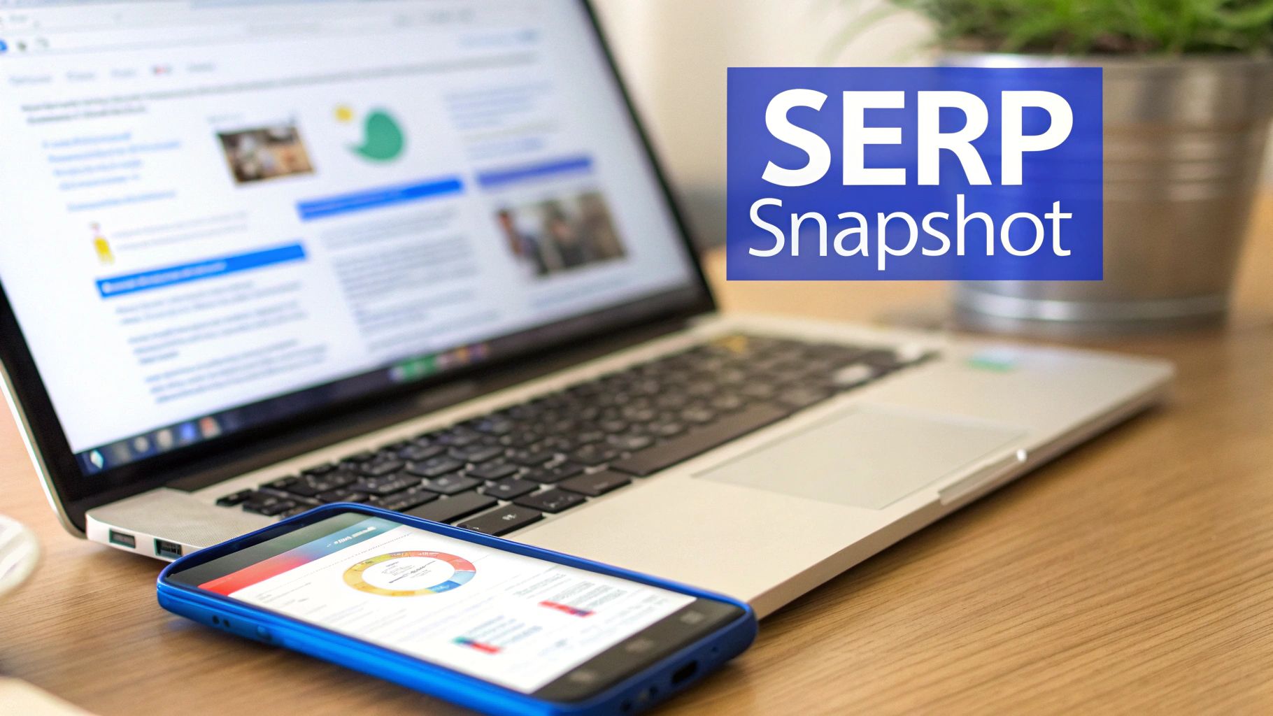 A laptop and smartphone display data charts on a wooden desk, with a 'SERP Snapshot' overlay.