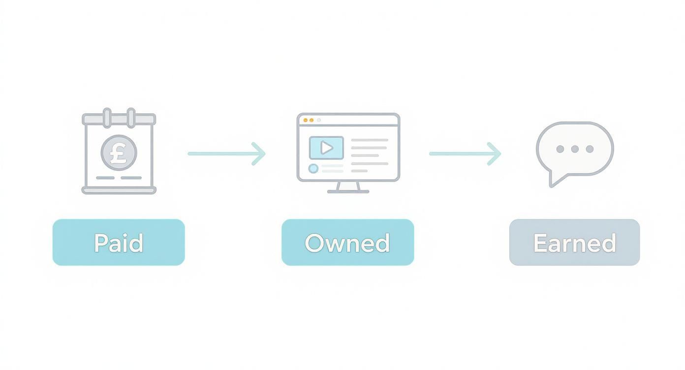 A marketing diagram illustrating the progression from Paid media to Owned media to Earned media with icons.
