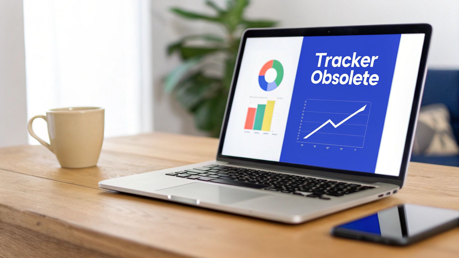 Laptop displaying data charts and 'Tracker Obsolete' text, with a coffee mug on a wooden desk.