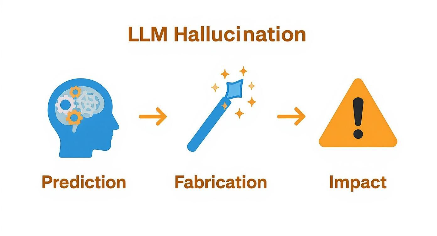 LLM hallucination process diagram showing prediction, fabrication, and impact stages with icons