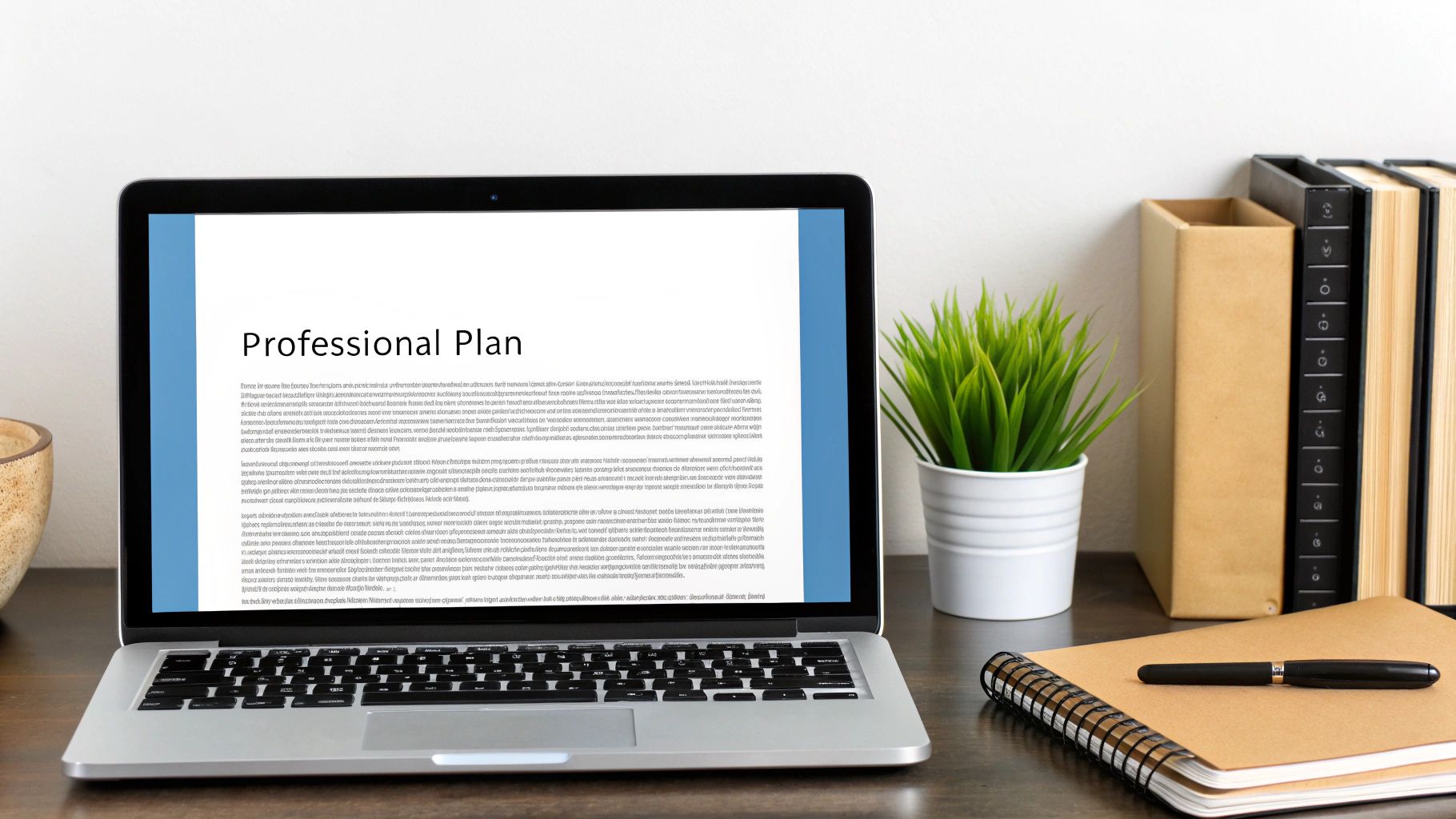 A person working on a laptop at a modern desk, organizing a business plan with digital tools.